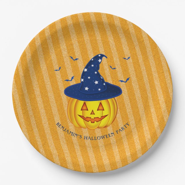 Plato De Papel Halloween Naranja Sparkly Stripes Pumpkin (Anverso)