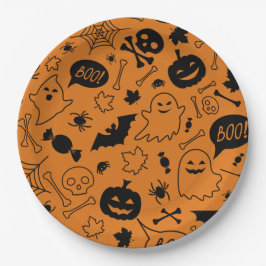 Plato De Papel Halloween naranja y Black Halloween Pattern Hallow