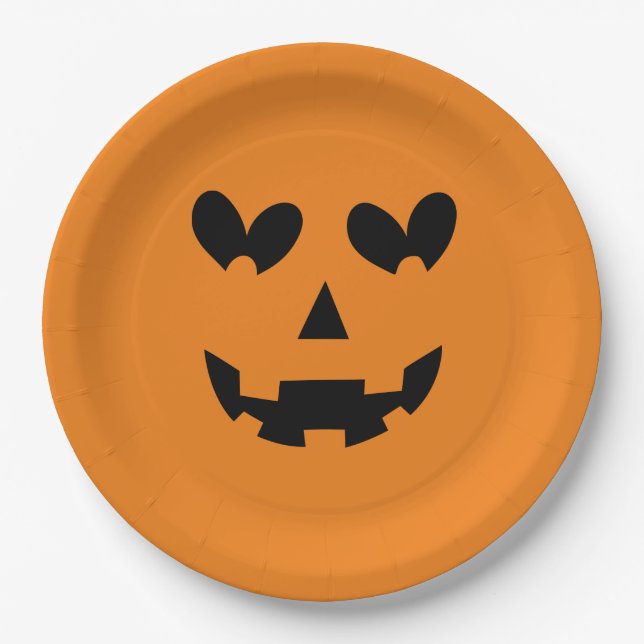 Plato De Papel Halloween naranja y Black Happy Heart Pumpkin (Anverso)