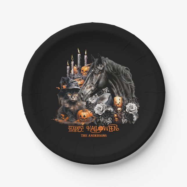 Plato De Papel Halloween negro Caballo negro Gato espeluznante (Anverso)