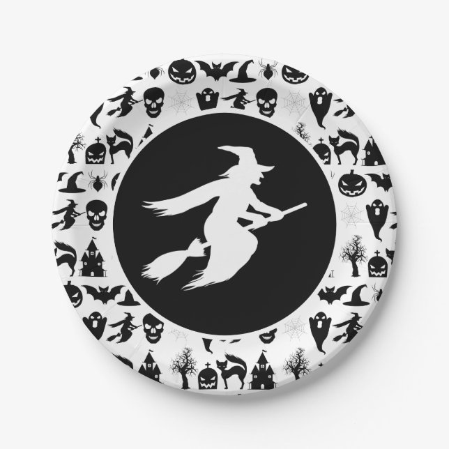 Plato De Papel Halloween negro con bruja blanca (Anverso)
