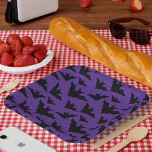 Plato De Papel Halloween negro murciélago morado fresco patrón de