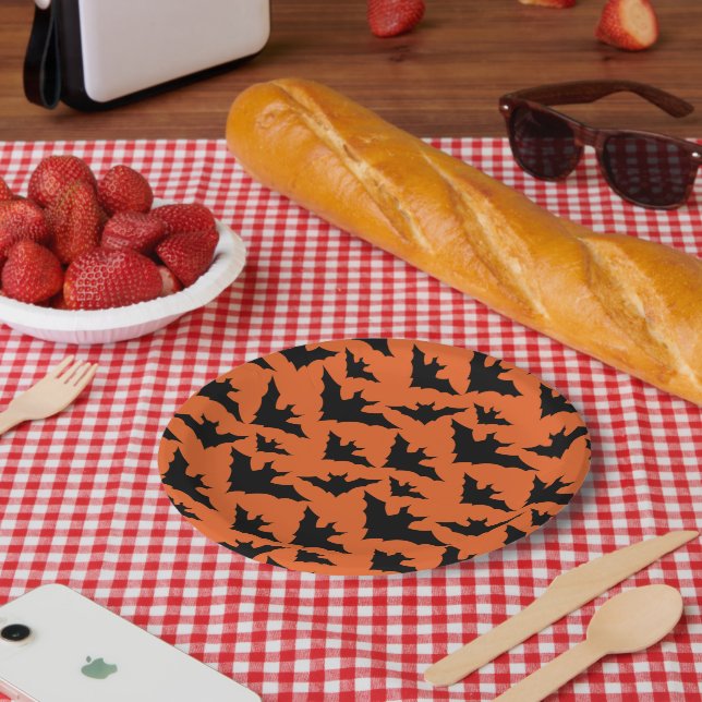 Plato De Papel Halloween negro murciélago naranja fresco patrón d (Picnic)