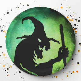 Plato De Papel Halloween negro verde bruja