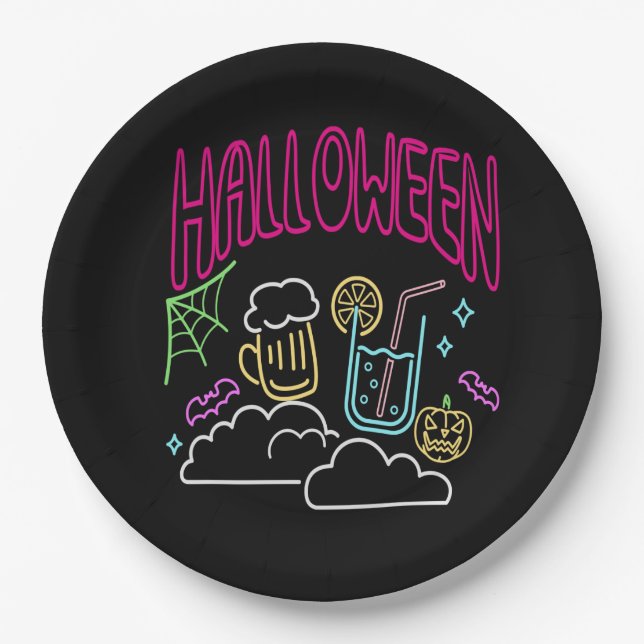 Plato De Papel Halloween Neon Glow Look Bebe Fiesta 9" (Anverso)