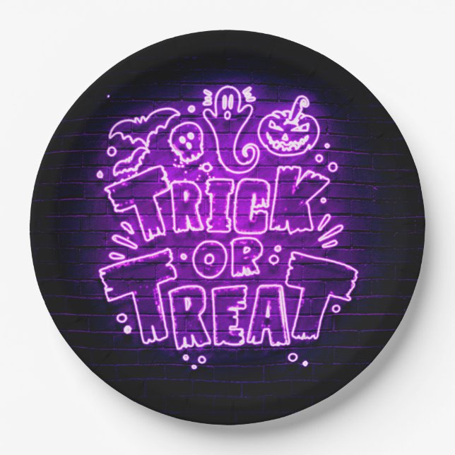 Plato De Papel Halloween Neon Glow Look Purple Trick Trek Fiesta (Anverso)