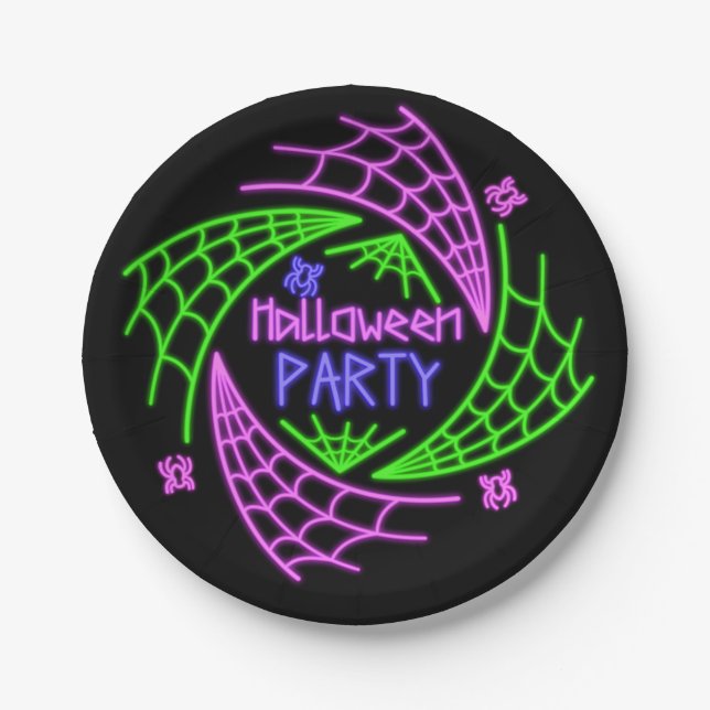 Plato De Papel Halloween Neon Glow Look Spider Fiesta web 7" (Anverso)