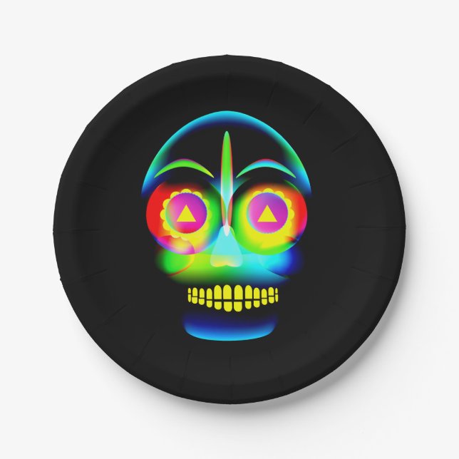 Plato De Papel Halloween Neon Look Glow Blue Yellow Skull 7" (Anverso)