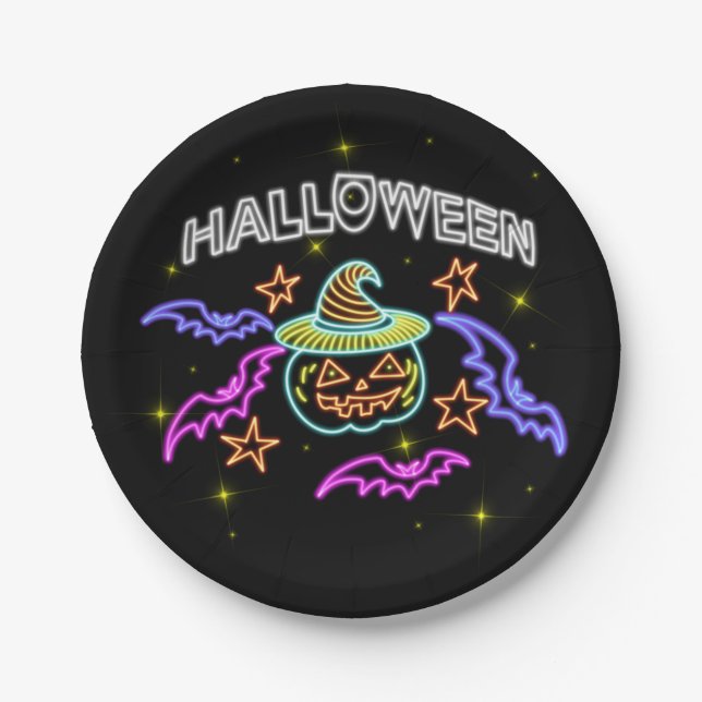 Plato De Papel Halloween Neon Look Gorra Calabaza Bats Fiesta 7 (Anverso)