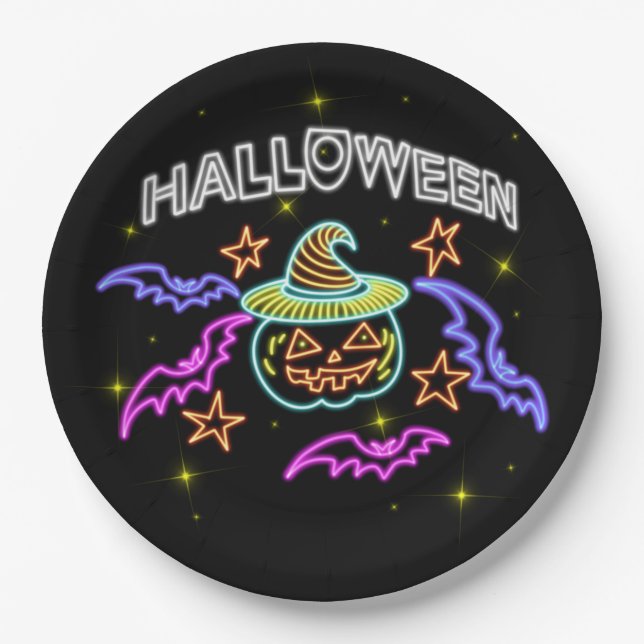 Plato De Papel Halloween Neon Look Gorra Calabaza Bats Fiesta 9 (Anverso)