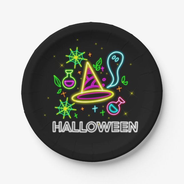 Plato De Papel Halloween Neon Look Gorra Ghost Web Fiesta 7" (Anverso)