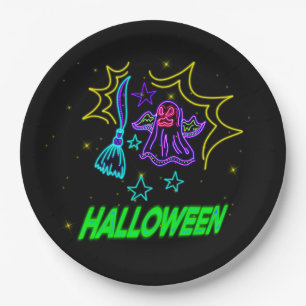Plato De Papel Halloween Neon Look Purple Ghost Broom Fiesta 9"