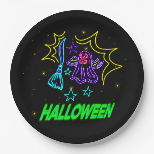 Plato De Papel Halloween Neon Look Purple Ghost Broom Fiesta 9" (Anverso)