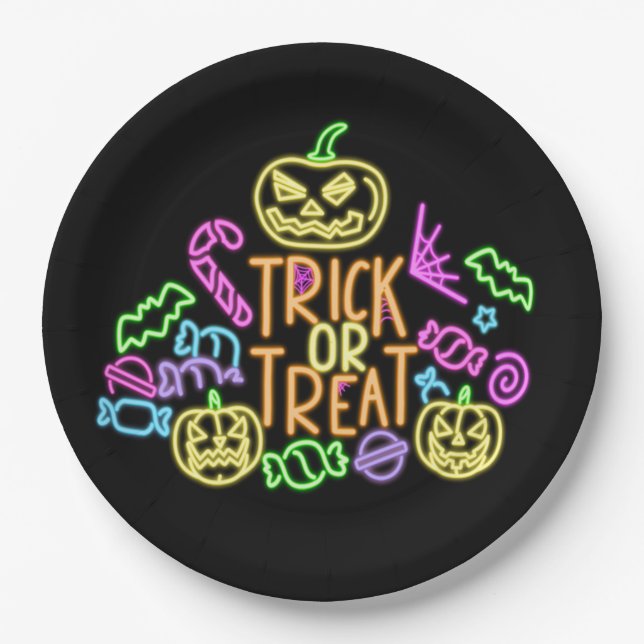 Plato De Papel Halloween Neon Look Trick Tret Candy Fiesta 9" (Anverso)