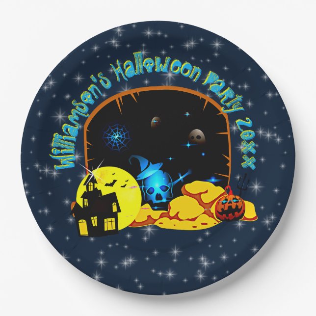 Plato De Papel Halloween Nombre 20xx Calabaza de cráneo de respla (Anverso)