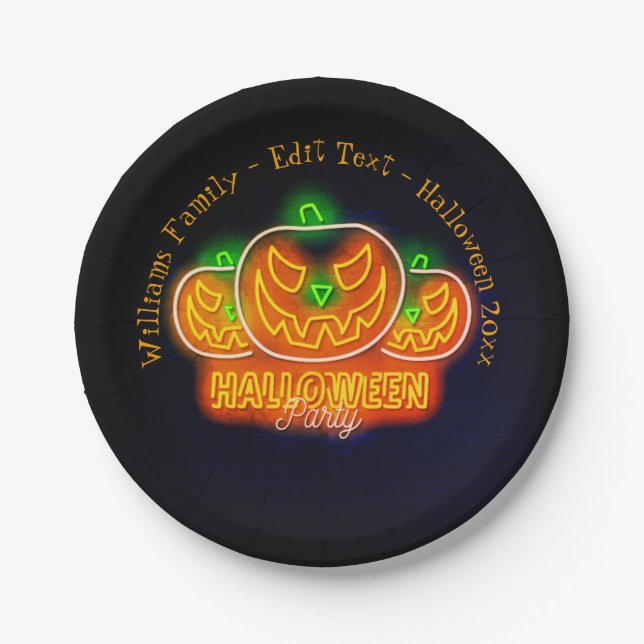 Plato De Papel Halloween Nombre Año 20xx Neon Glow Look Pumpkin 7 (Anverso)