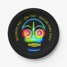 Plato De Papel Halloween Nombre Año Neon Look Glow Blue Skull 7"