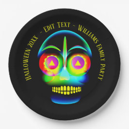 Plato De Papel Halloween Nombre Año Neon Look Glow Blue Skull 9"
