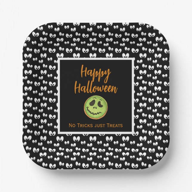 Plato De Papel Halloween ojos espeluznantes galleta verde sin tru (Anverso)
