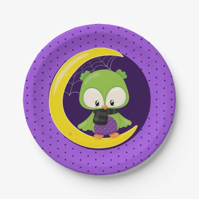 Plato De Papel Halloween Owl Moon Purple Polka Dot Fiesta (Anverso)