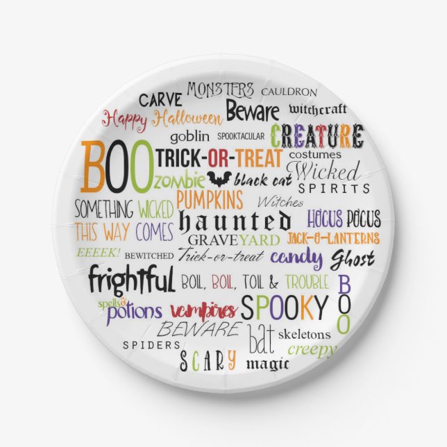 Plato De Papel Halloween Palabras Typografía Fiesta Plates (Anverso)