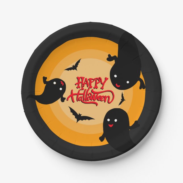 Plato De Papel Halloween Paper Party Plate with Ghosts and Bats (Anverso)