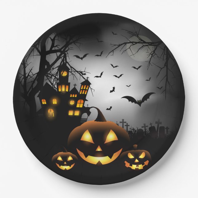 Plato De Papel Halloween - Parodias de calabazas Gris Moon - Todo (Anverso)