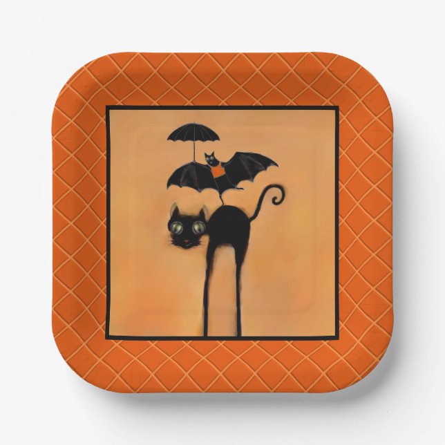 Plato De Papel Halloween Party Black Cat and Bat Paper Plates (Anverso)