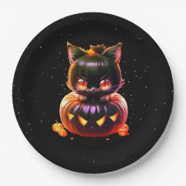 Plato De Papel Halloween Party Black Cat Pumpkin Horror