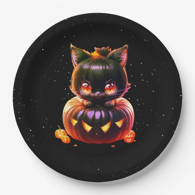 Plato De Papel Halloween Party Black Cat Pumpkin Horror (Anverso)