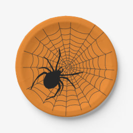 Plato De Papel Halloween Party Creepy Spider Naranja web Black