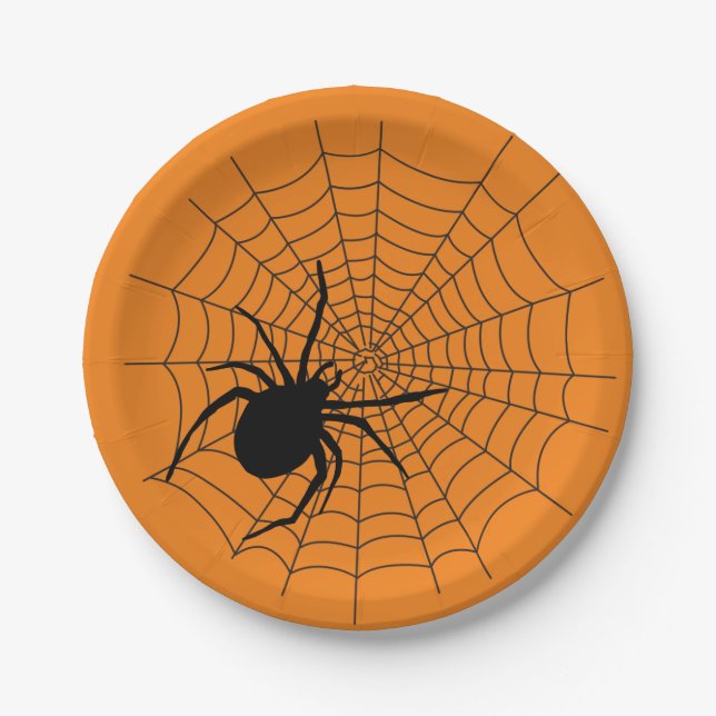 Plato De Papel Halloween Party Creepy Spider Naranja web Black (Anverso)