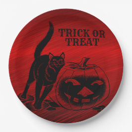Plato De Papel Halloween Party Evil Black Cat Pumpkin Red Scary