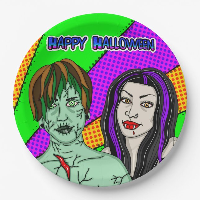 Plato De Papel Halloween Party | Pop Art zombie Vampire (Anverso)