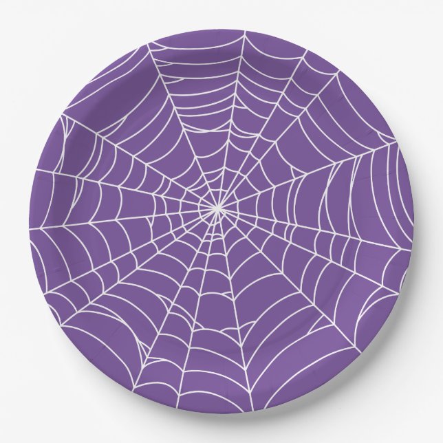 Plato De Papel Halloween Party, Spider Web, Purple and White (Anverso)