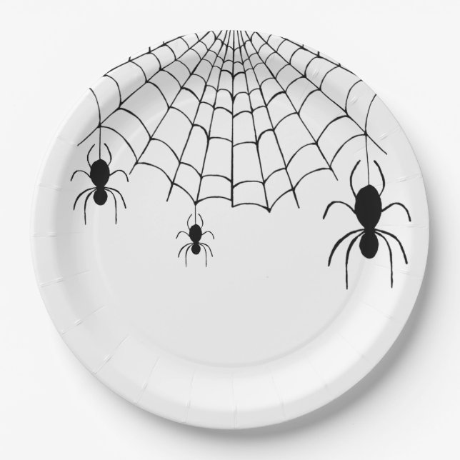 Plato De Papel Halloween Party Spiders Black White (Anverso)