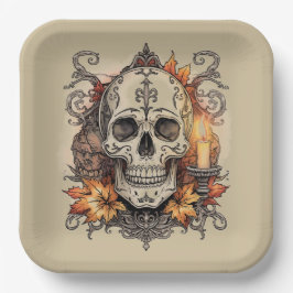 Plato De Papel Halloween, Patrón de Calavera, Calavera a la luz d