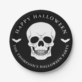 Plato De Papel Halloween Personalizado De Calaveras Negras Y Blan