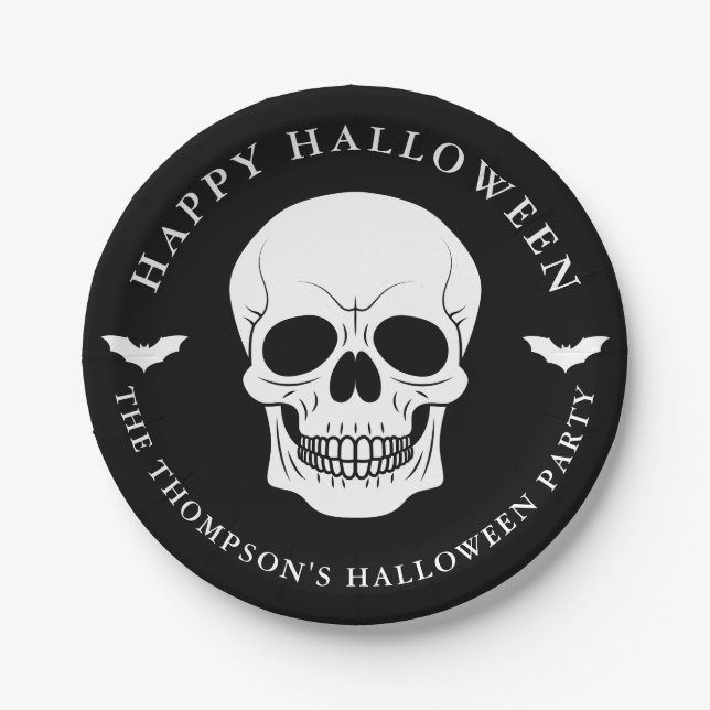 Plato De Papel Halloween Personalizado De Calaveras Negras Y Blan (Anverso)