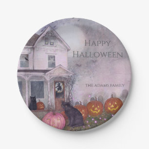 Plato De Papel Halloween, Personalizado de gato negro de casa emb