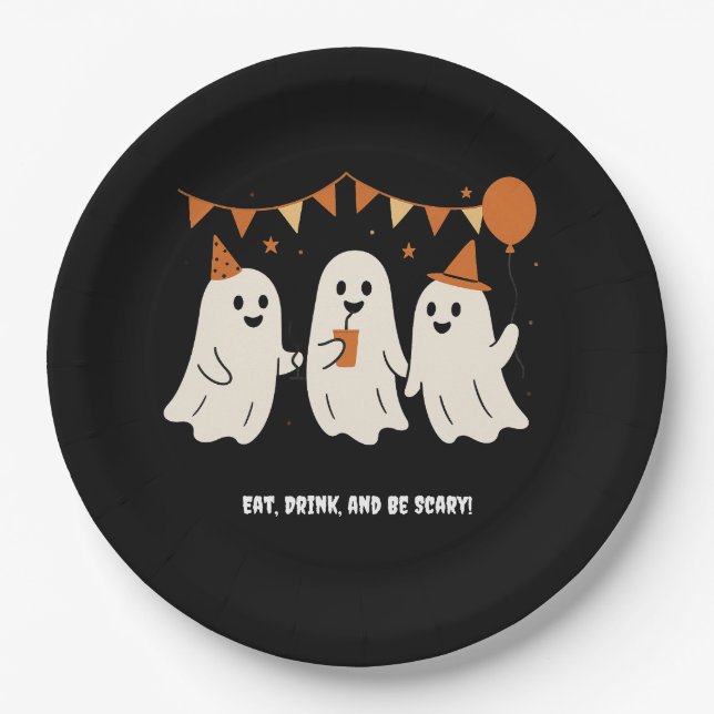 Plato De Papel Halloween Playful White Ghost Black Festive  (Anverso)