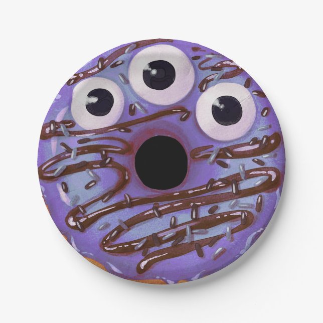Plato De Papel Halloween Purple Three Eyed Monster Donut (Anverso)