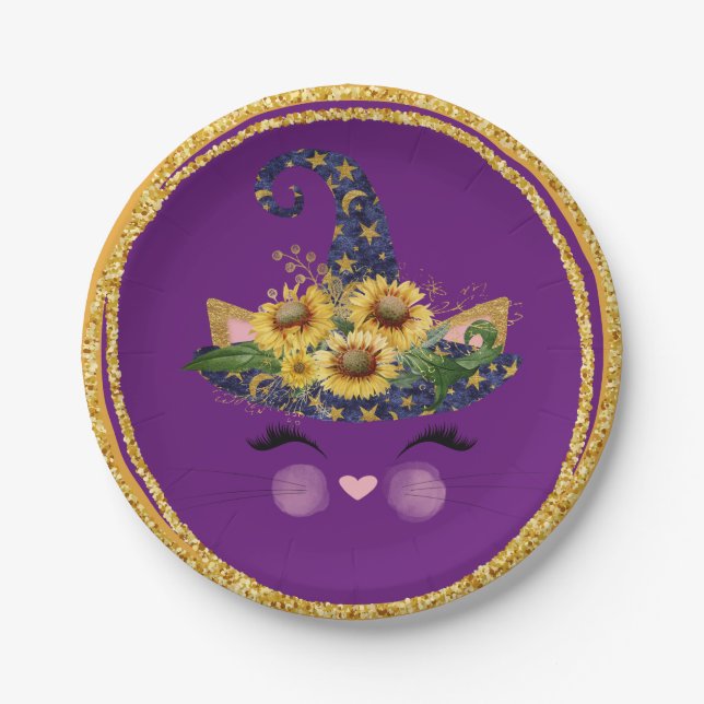 Plato De Papel Halloween Purpurinoso de Brujas de Kitty (Anverso)