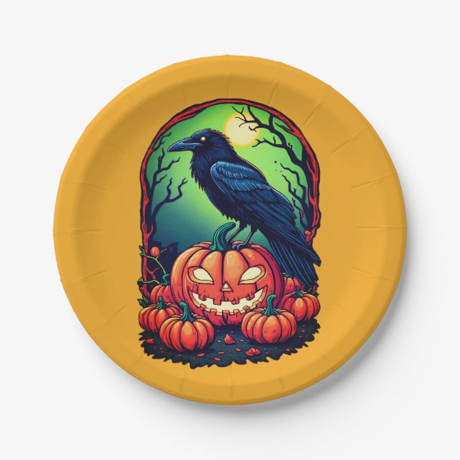 Plato De Papel Halloween Raven en un parche de calabaza (Anverso)