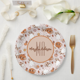 PLATO DE PAPEL HALLOWEEN RETRO GROOVY PUMPKINS Y FANTASMAS