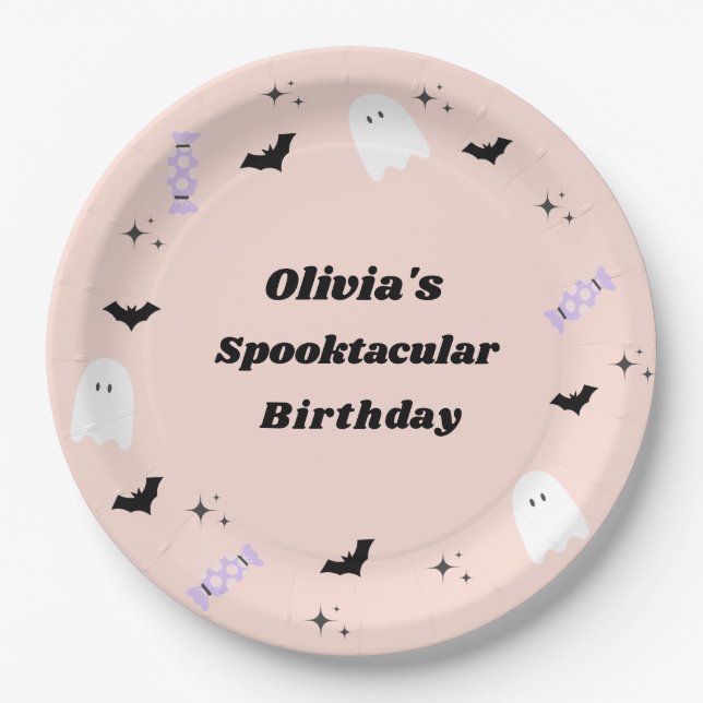 Plato De Papel Halloween rosa Cumpleaños Spooktacular (Anverso)