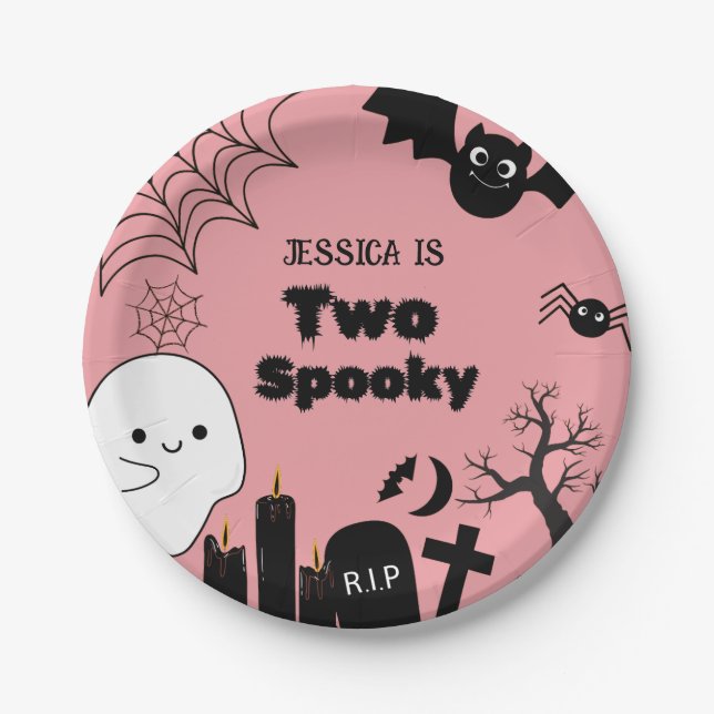 Plato De Papel Halloween rosa dos espeluznantes fiestas de cumple (Anverso)