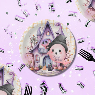 Plato De Papel Halloween rosa mansión fantasma lindo cumpleaños