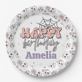 Plato De Papel Halloween rosa travieso Feliz cumpleaños