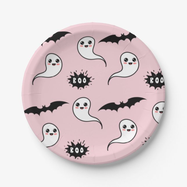 Plato De Papel Halloween rosa y negro (Anverso)